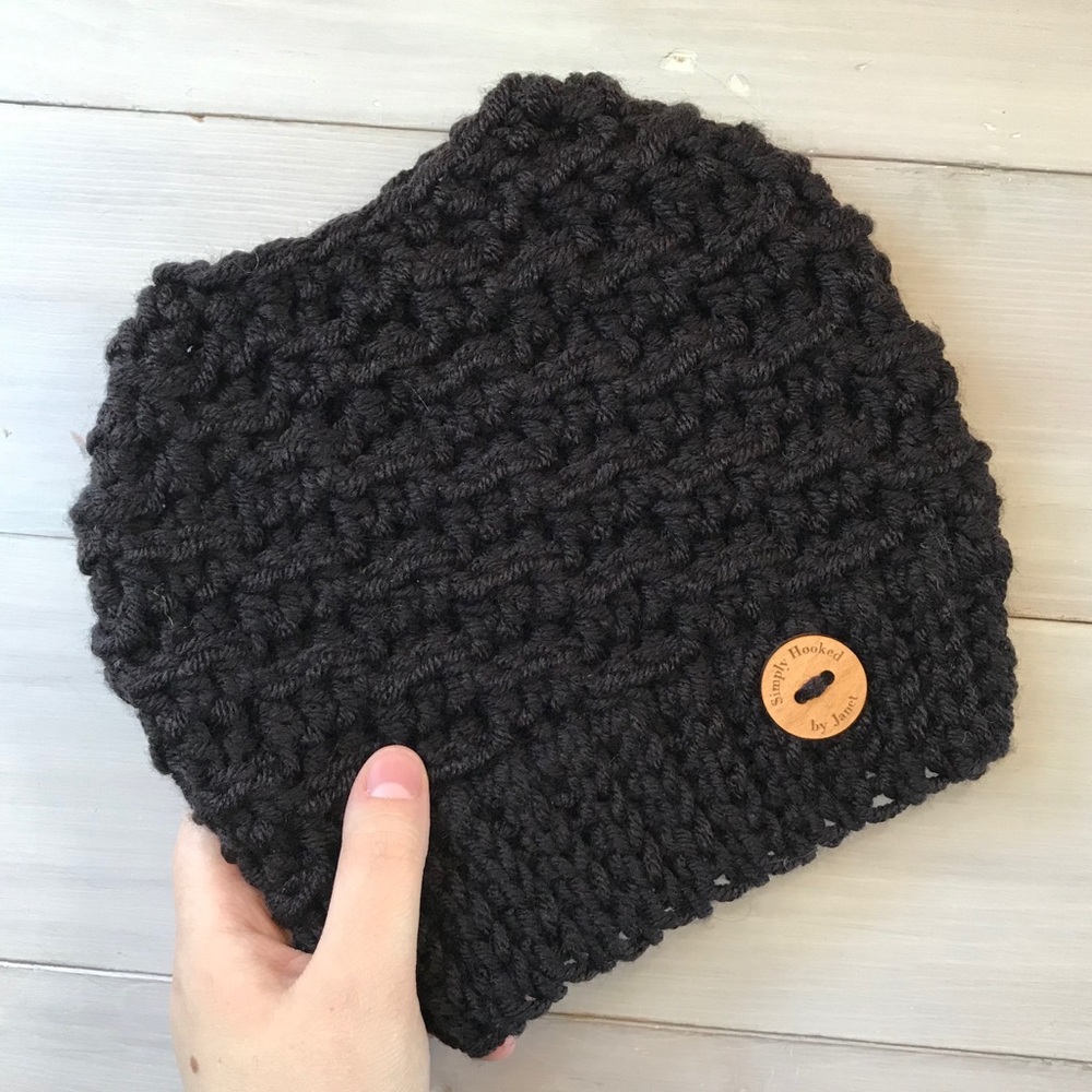 Black Adult Crochet Messy Bun Hat Beanie